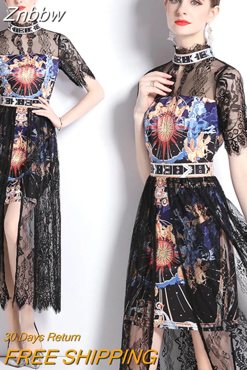 Znbbw Women Retro Puff Short Sleeve Stand Collar Lace Patchwork Print Dress Ladies Runway Fashion Elegant Midi Party Vestidos - Image 2