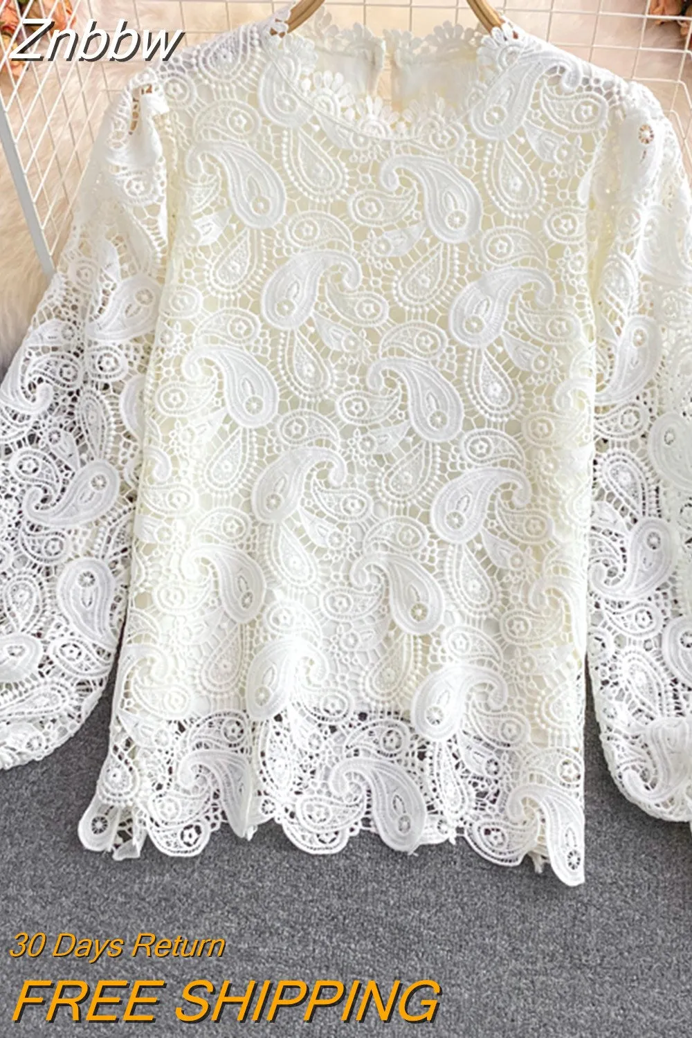 Znbbw Women Spring Autumn Blouse Elegant Gentle Wind Water Soluble Hook Flower Hollow Lace Shirt  Western Relaxed Crew Neck Top D2049 - Image 5