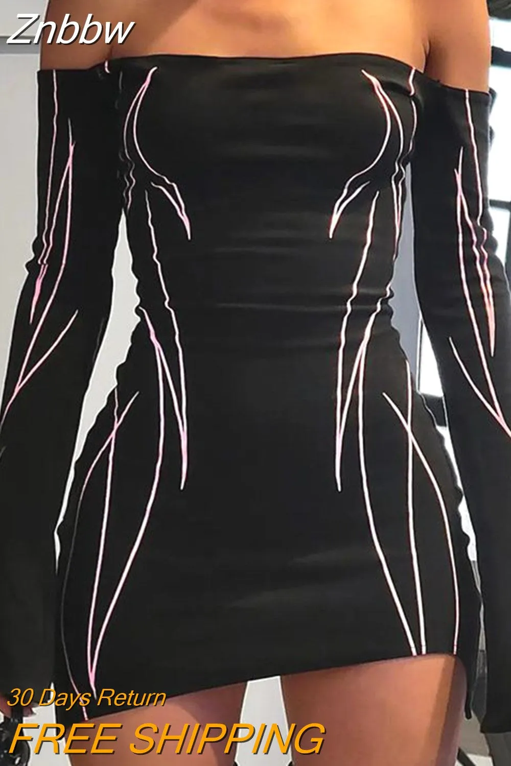 Znbbw Women Off Shoulder Mini Dress Bodycon Y2k Long Sleeve Black Irregular Hem Short Dress Pullover Tunic Dress - Image 2