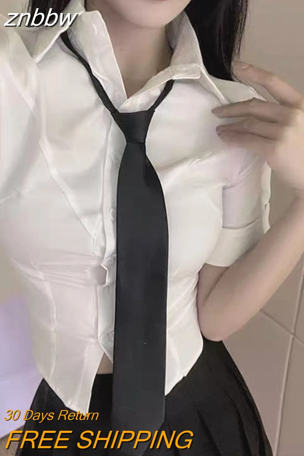 znbbw 2023 Summer Sexy Slim Short Sleeve White Shirt Women Button Tie Ladies Blouse Office Cosplay New In Female Clothing Tops - Image 2