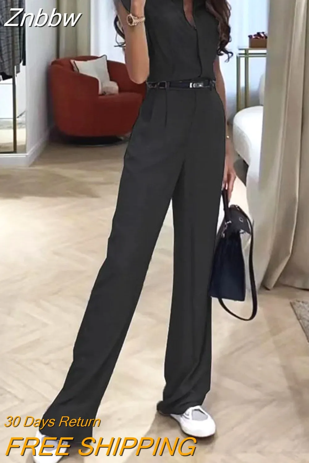 Znbbw Women Two Piece Set Summer Office Fashion Solid V Neck Sleeveless Top Casual Loose With Pockets Pants Sets Streetwear - Image 3