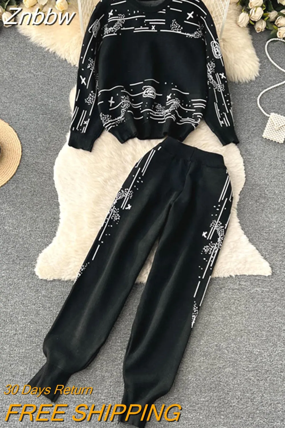 Znbbw Women's Long Sleeve Jacquard Knit Pullover Sweaters+Elastic Waist Pants Sets Fashion Trousers Two Pieces Costumes Outfits - Image 5