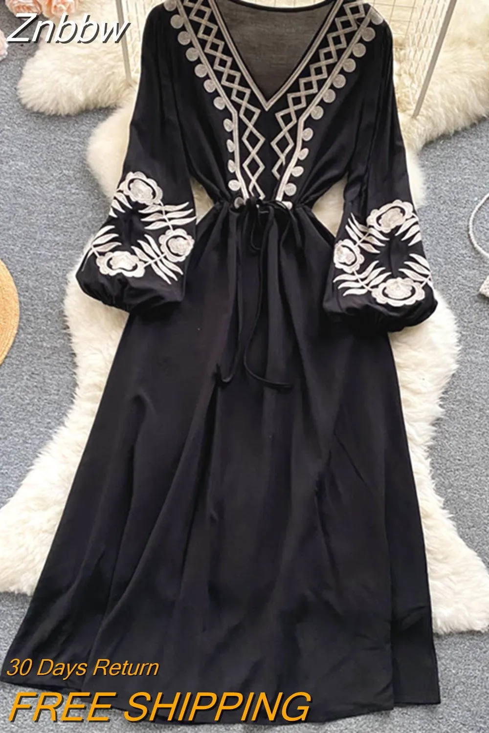 Znbbw Autumn Waist Slim Embroidery Temperament V-neck Dress Female Hepburn Style Lantern Sleeve Black Long Vestidos Women D1570 - Image 5