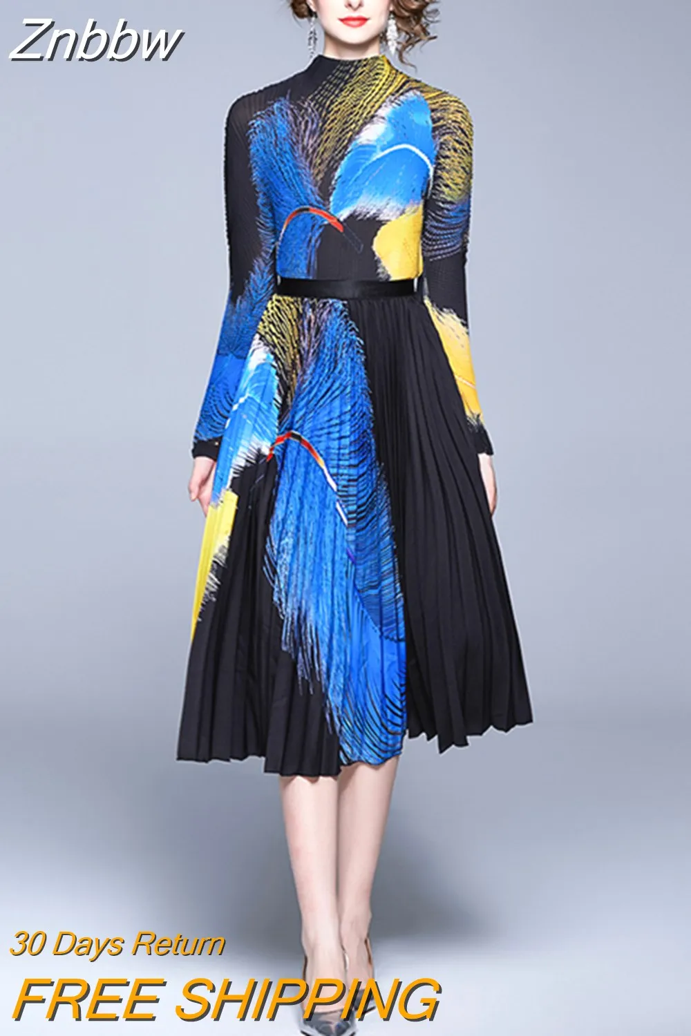 Znbbw Women Vintage Long Sleeve Stretch Printed Tops + High Elastic Waist Pleated Skirt Set Suit Runway 2 Piece Set 2023 Autumn - Image 5