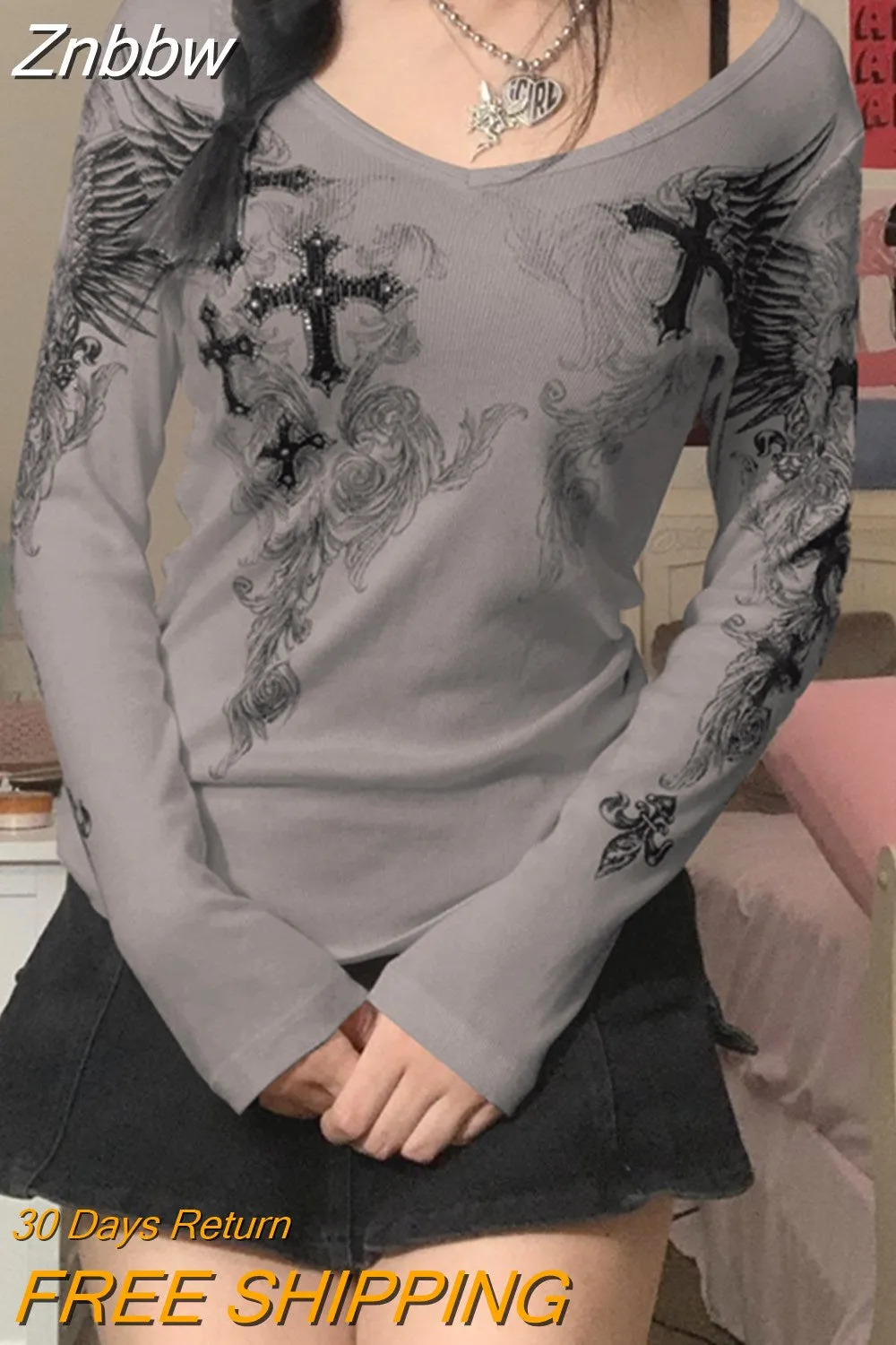 Znbbw y2k Crop Tops Ribbed Knitted Grunge Fairycore T Shirt White Frill Long Sleeve Pullover Kawaii Autumn Sweet Tee Women - Image 2