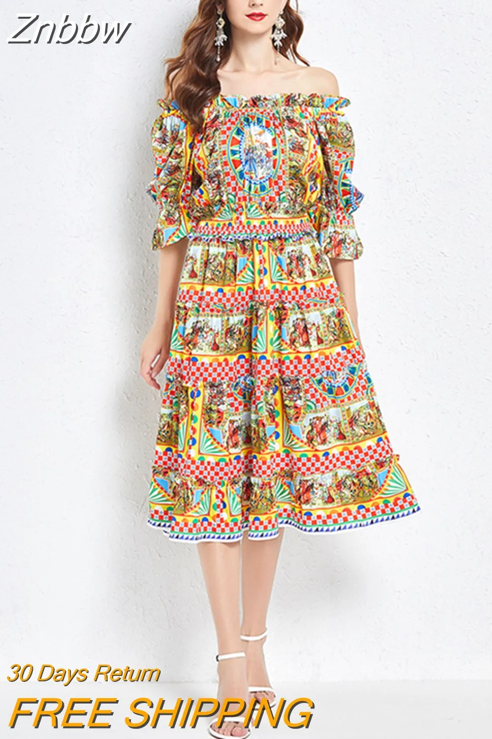 Znbbw 2023 Summer Runway Women Slash Neck Flare Sleeve Elastic Waist Flowers Figure Print Elegant Beach Midi Dresses N253 - Image 4