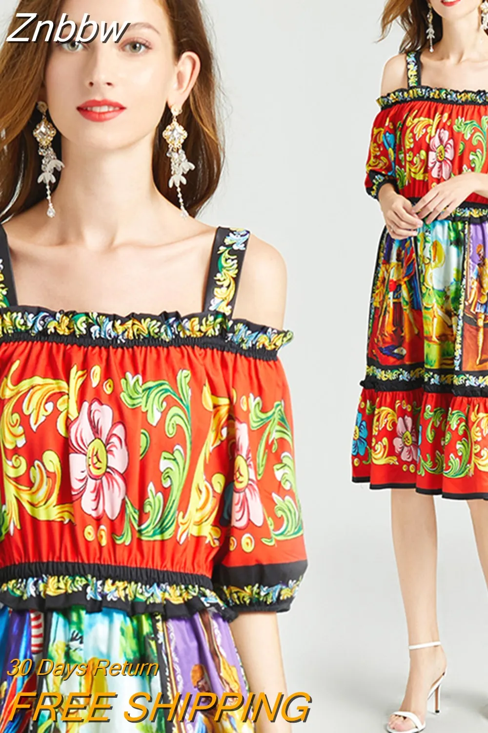 Znbbw 2023 Runway Summer Sexy Off Shoulder Cotton Dress Women's Elastic Waist Vintage Warrior Print Ruffles Dresses Vestdios - Image 4