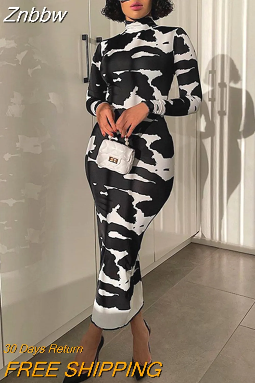Znbbw Women Fashion Autumn Long Sleeve Printed Bodycon Pencil Long Dress Streetwear 2023 Fall Clothes Wholesale Items