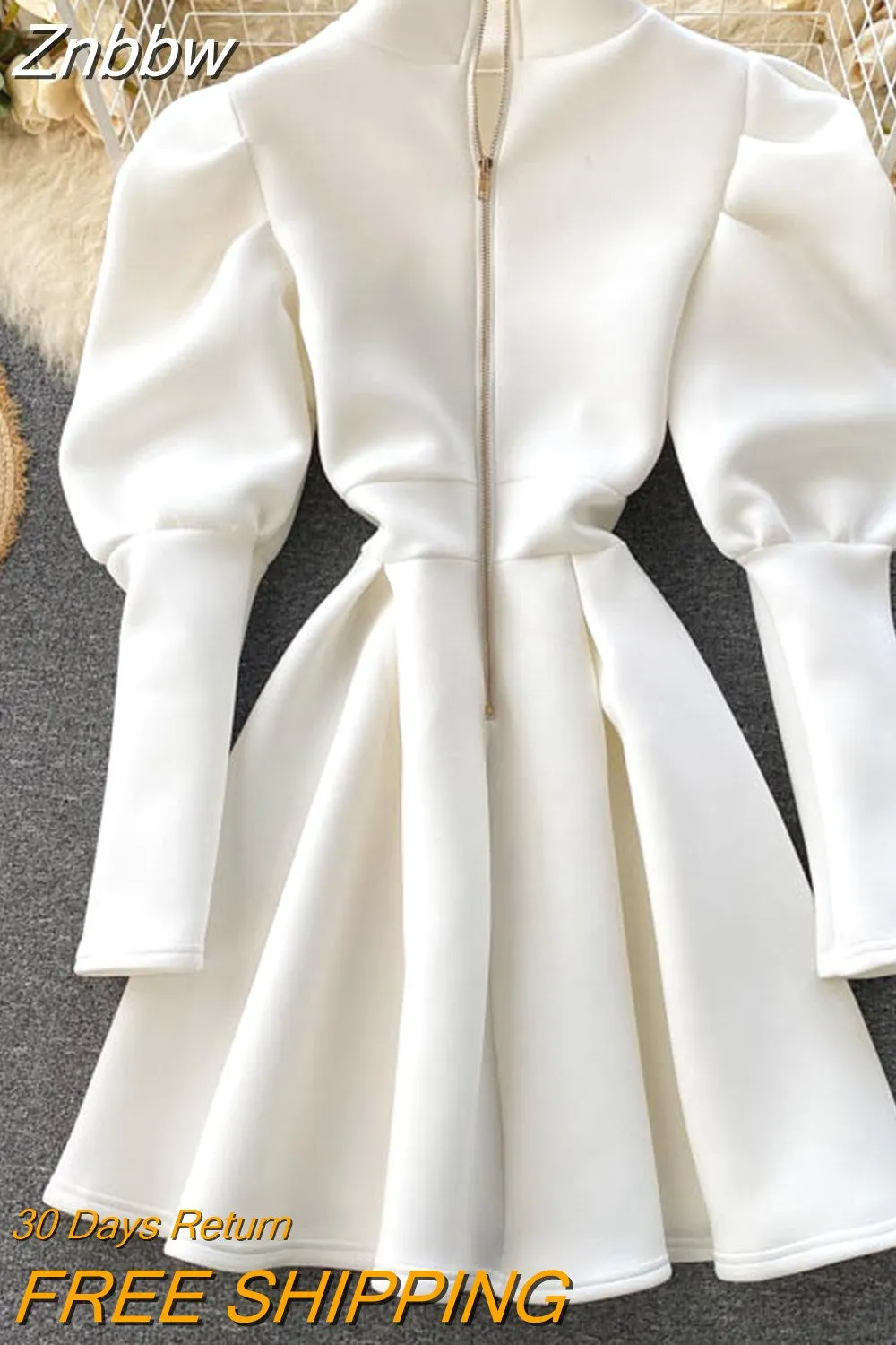 Znbbw Autumn Vestidos Women's Bubble Sleeves Front and Back Two Wear Temperament Stand-up Collar Zipper Slim Midi Dress GK447 - Image 5