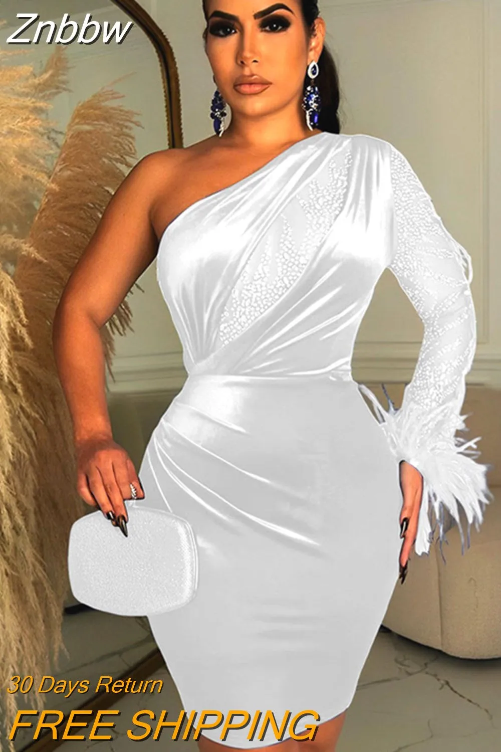 Znbbw Women Velvet Sexy Feather One Shoulder Mini Dress 2023 Long Sleeve Backless Elegant Gown Female Rhinestone Evening Dresses - Image 2