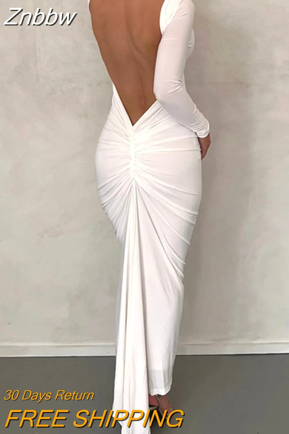 Znbbw Elegant Backless Maxi Dress For Women Robe Autumn Full Sleeve Bodycon High Waist Irregular Ruched Long Dresses Vestido
