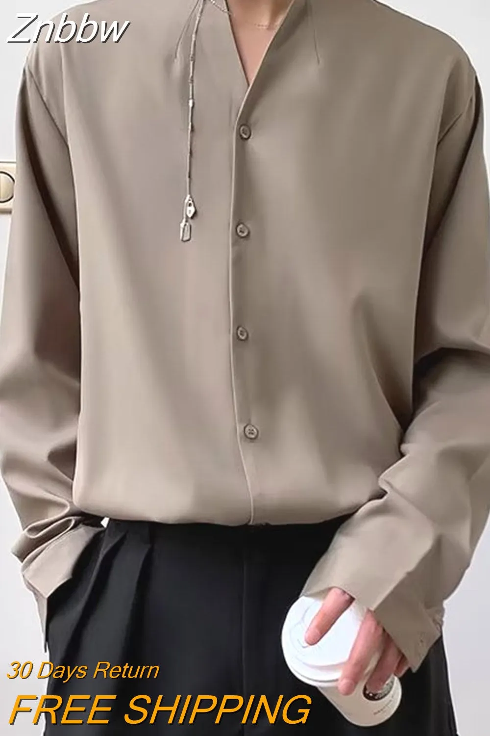 Znbbw Autumn Men Shirt Casual Loose Long Sleeve V-Neck Shirts Streetwear Vintage Fashion Blouses Office Daily Clothing - Image 5