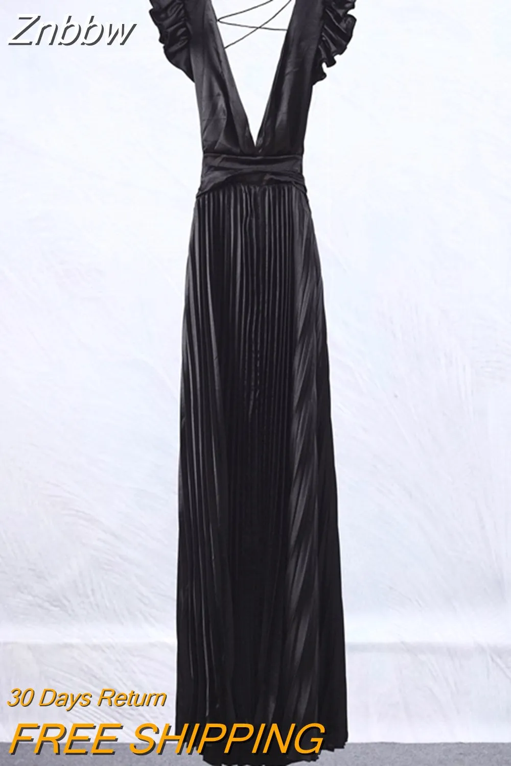 Znbbw Women Solid Backless Elegant Long Dresses V-neck Pleated A-line Sexy Frock 2023 Spring Summer Evening Party Casual Style Dress - Image 4