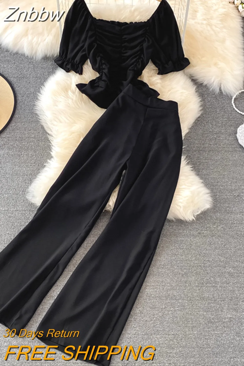 Znbbw Women Summer Fashion Casual Pants, High Waist Drape Wide Leg Pants, Square Collar Short Slim Blouse Two-piece Suit Female D0544 - Image 4