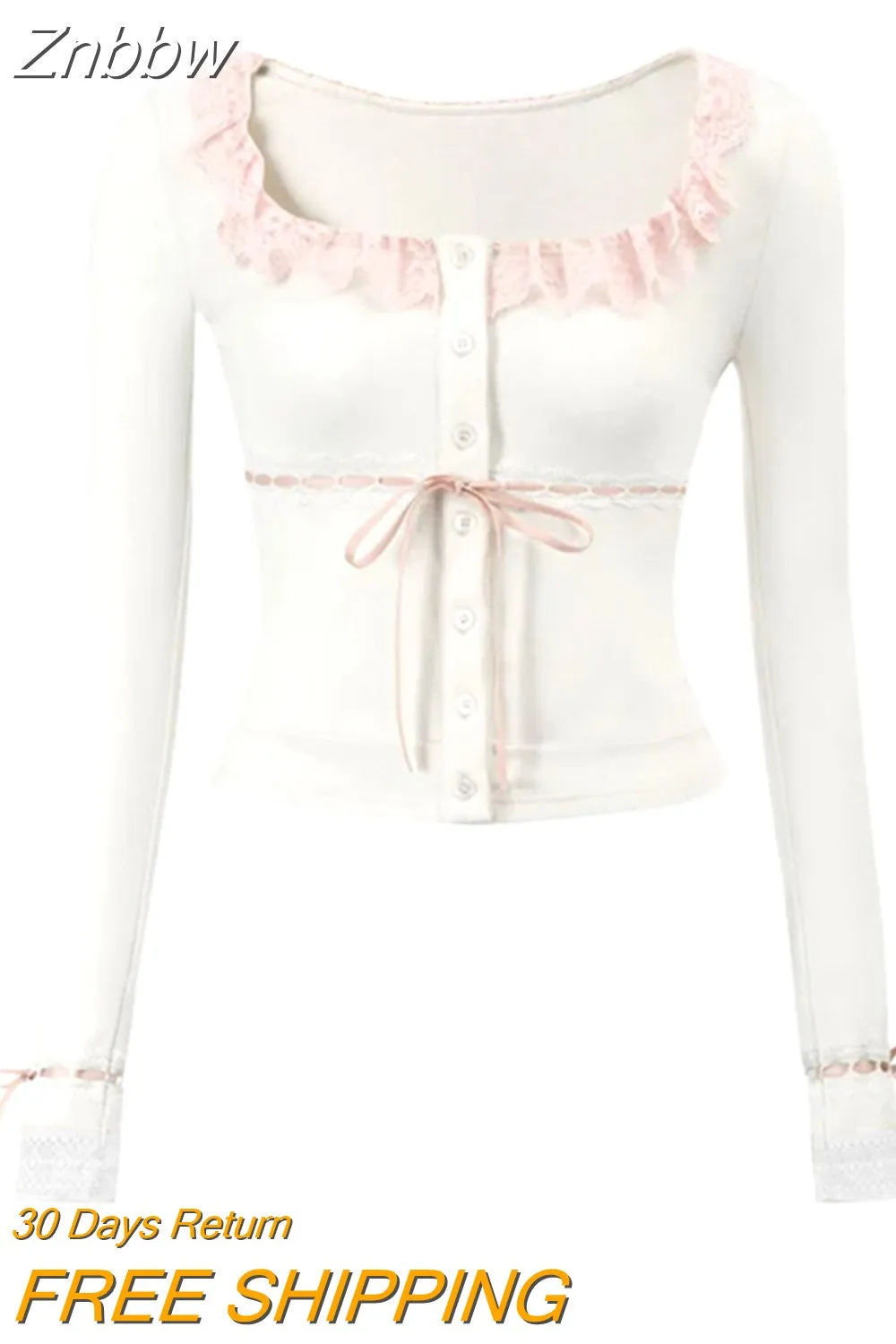 Znbbw Women's Sweet Slim Crop Tops Solid Color Lace Patchwork Long Sleeve U-Neck Front Button Tops Streetwear - Image 3