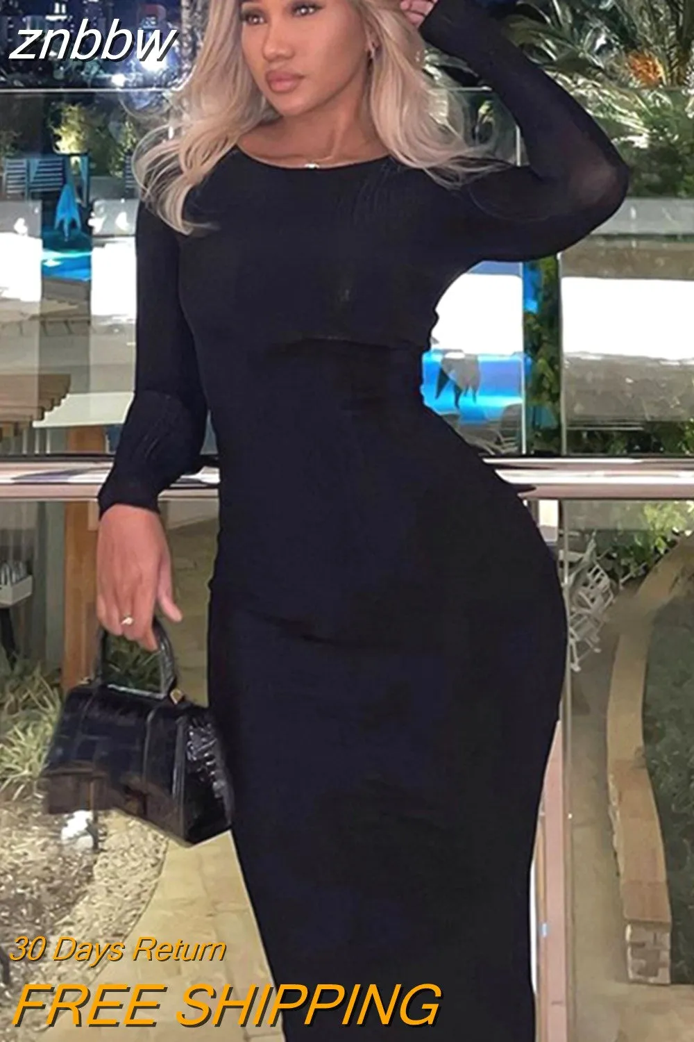 znbbw Autumn Solid Ribbed Bodycon Maxi Dresses Club Outfit For Women 2023 Long Sleeve O Neck Party Long Dress Female Dress - Image 4