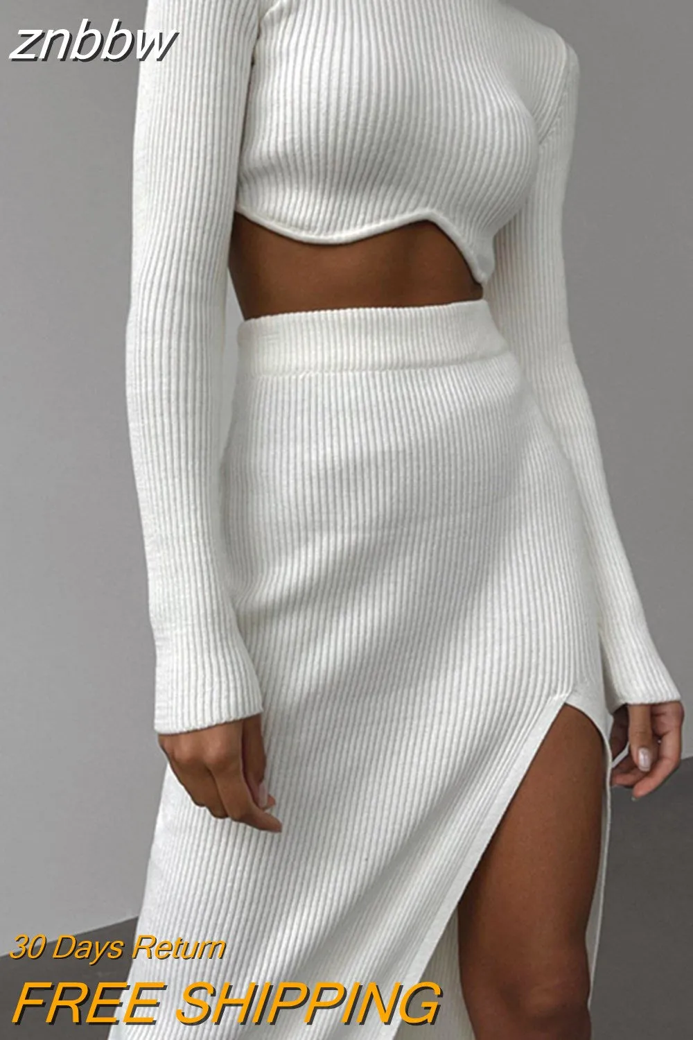 znbbw Autumn Sexy Solid Ribbed 2 Two Piece Sets Club Outfit For Women 2023 Long Sleeve O Neck Crop Top And Skirt Sets Female - Image 3