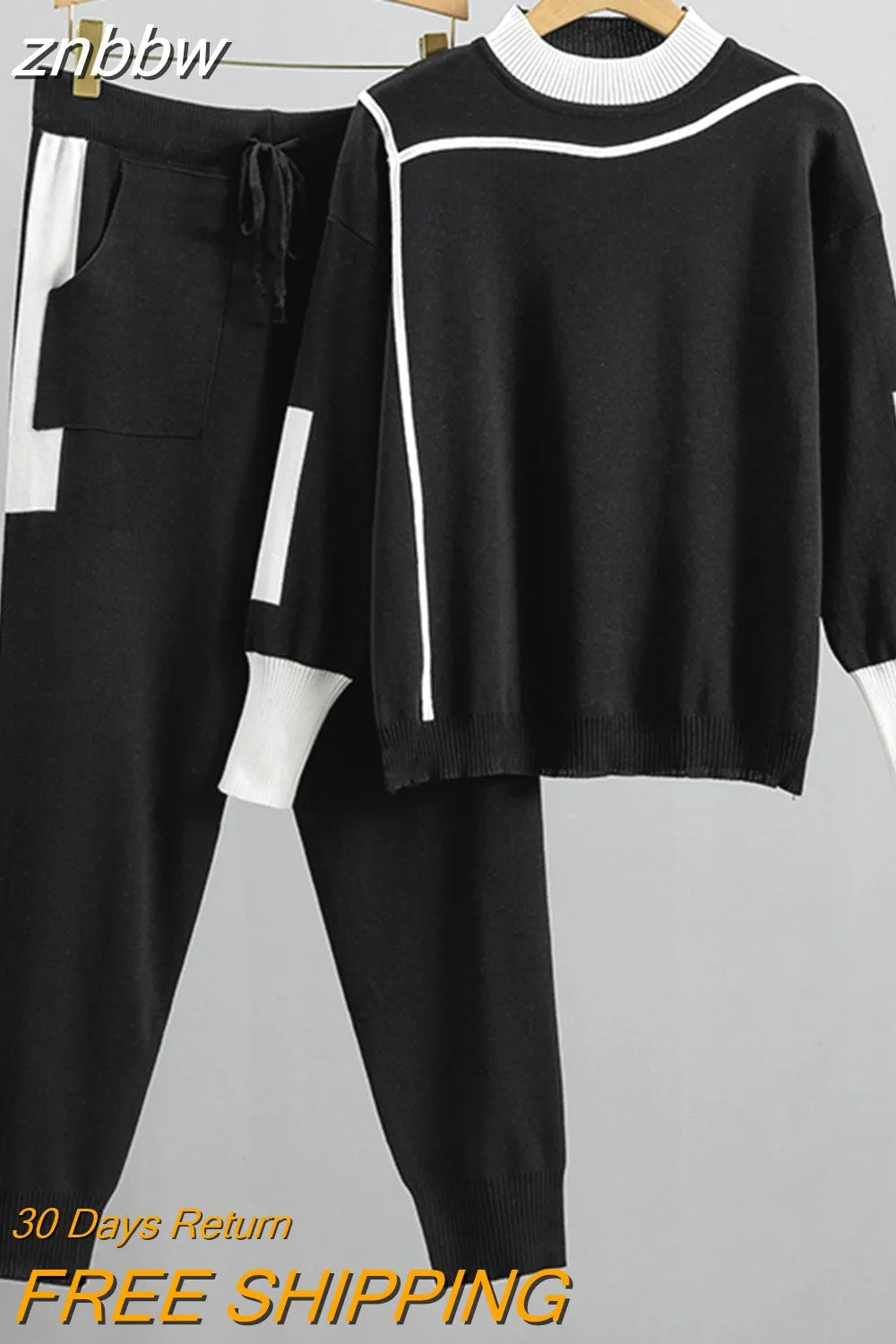 znbbw Autumn Winter 2 Pieces Set Knitted Long Sleeve Pullovers Sweater Casual Patchwork Fashion Women Tops And Pants Suits Spring - Image 4