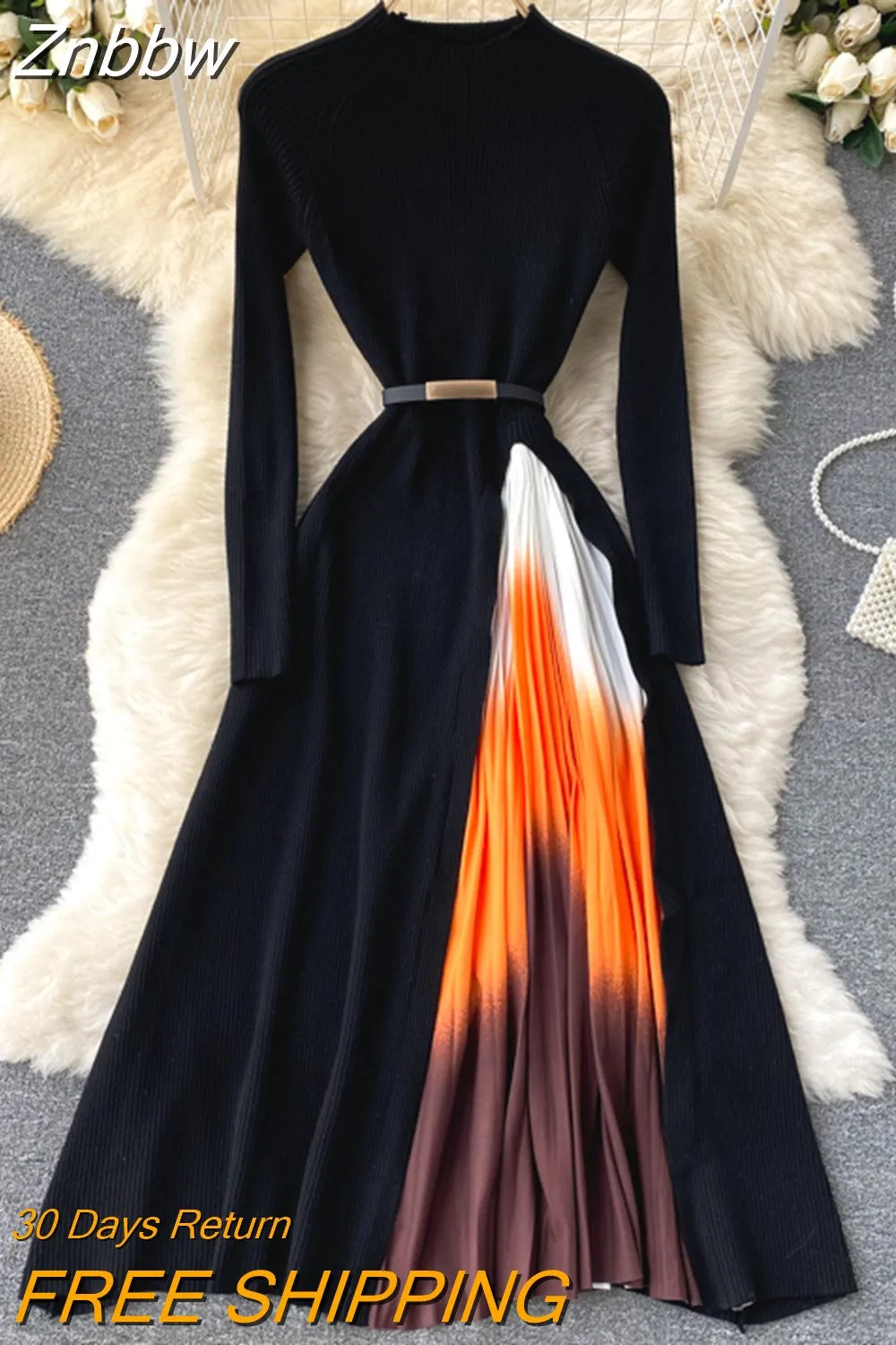 Znbbw Autumn Winter Retro Print Pleated Dress Women Elegant Knitted Gradient Patchwork Long Sleeve OL Midi Dress with Belt - Image 4