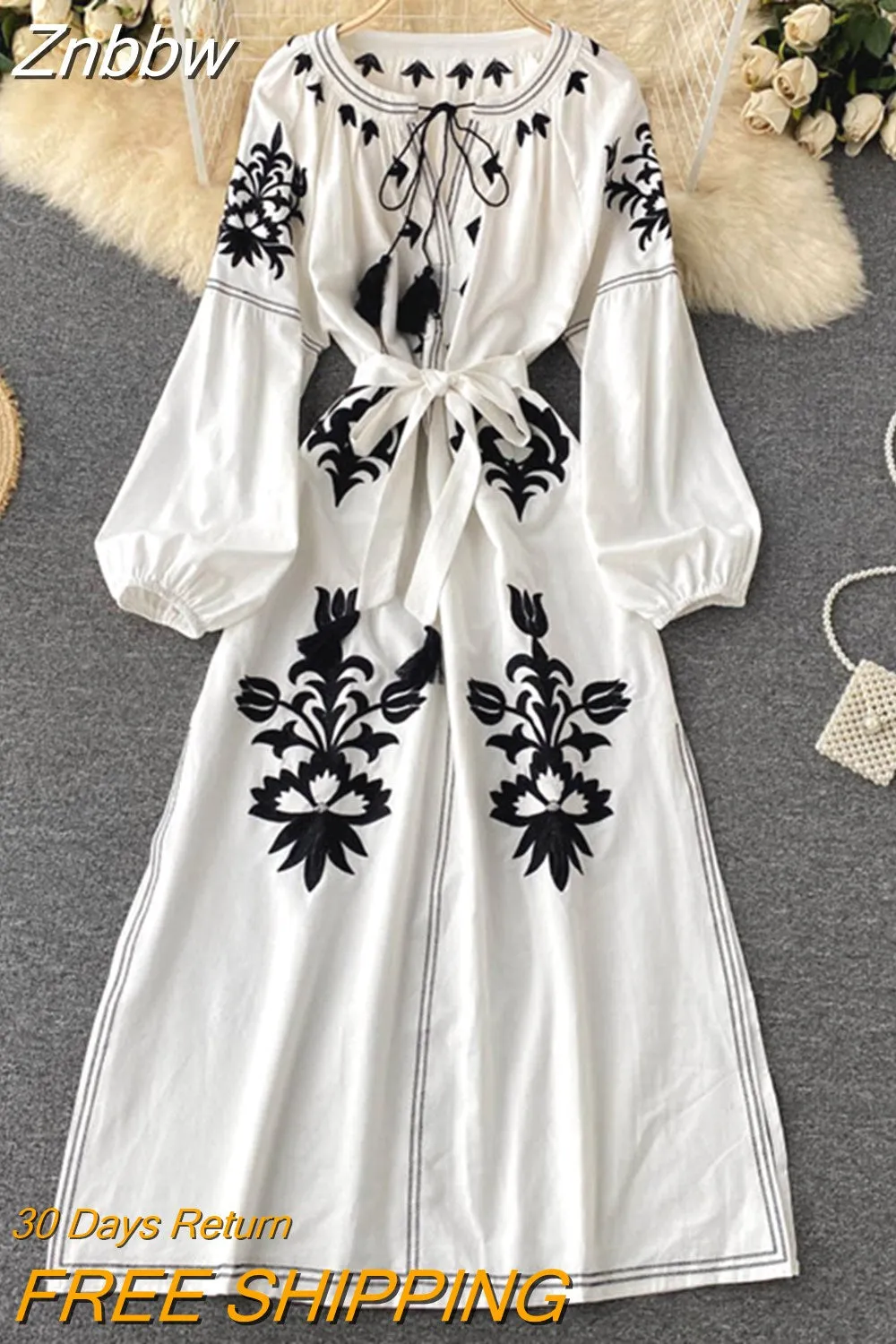 Znbbw New Spring Autumn Women's Embroidered Dress V-neck Tie Split Retro Indie Folk Style Holiday Beach Long Dress Women GD679