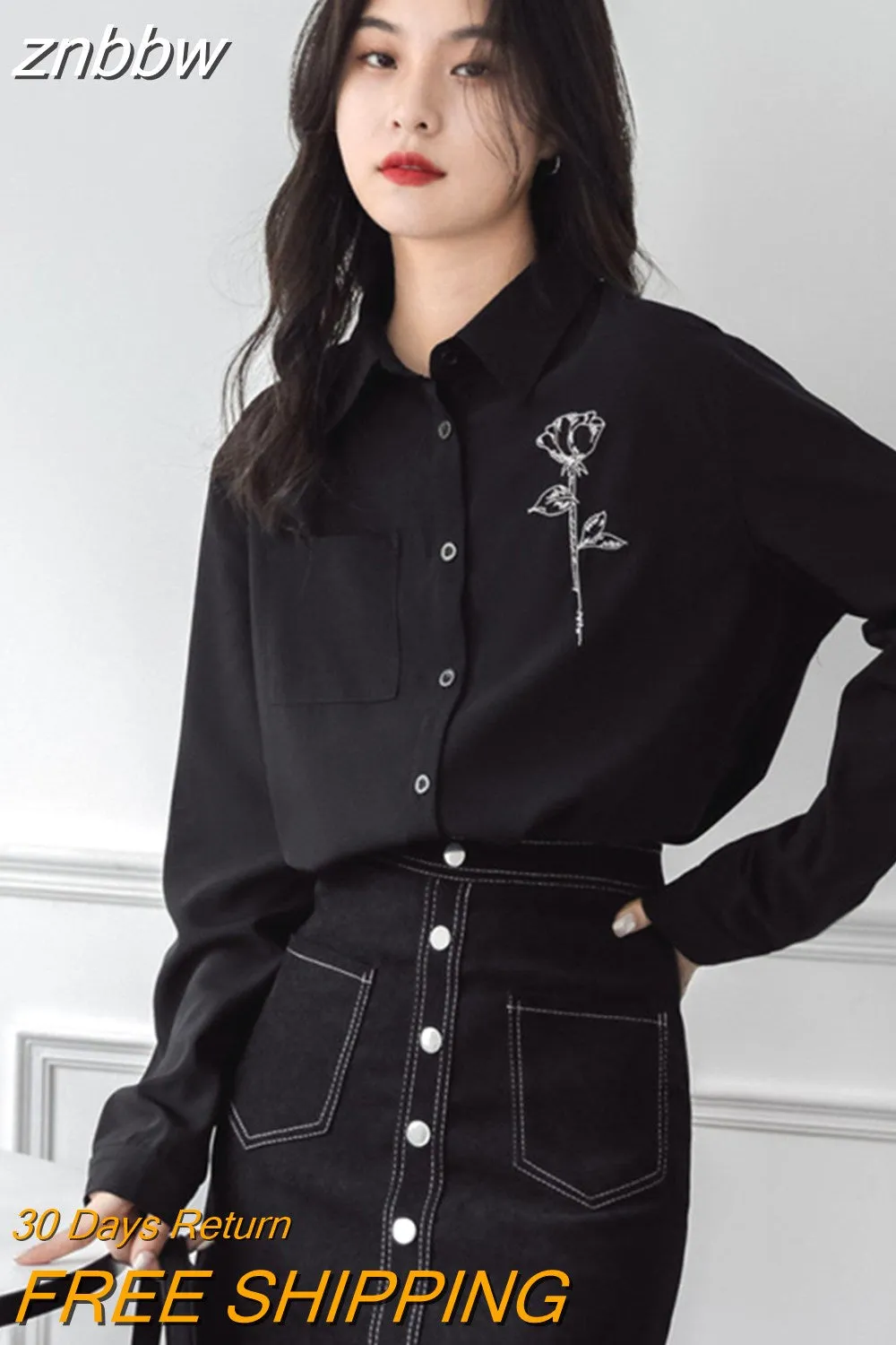 znbbw 2023 Summer Office Lady Long Sleeve Women Black Shirt Korea Style Floral Print Button Ladies Blouse Work Clothing Tops - Image 2