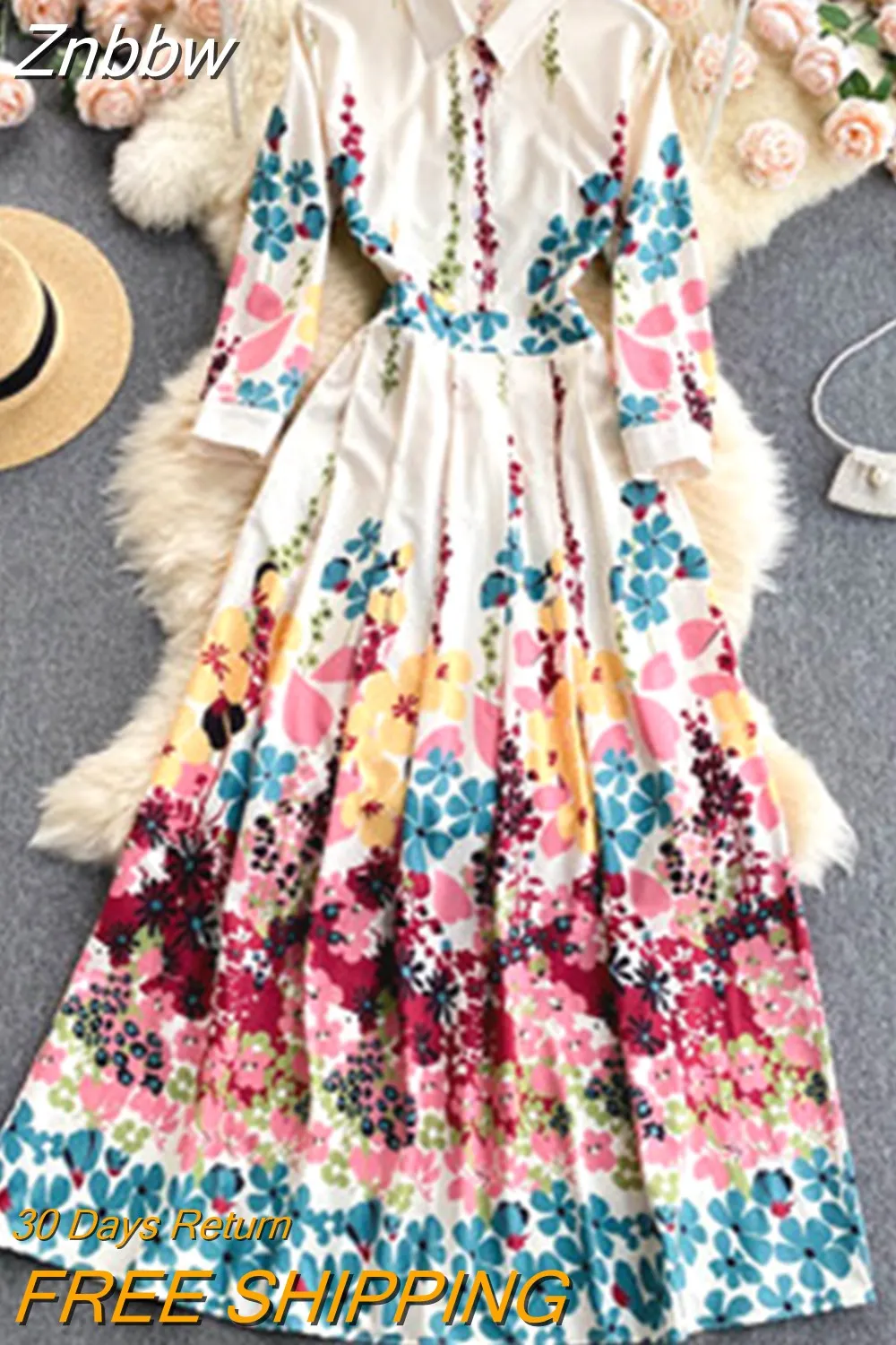 Znbbw 2023 Autumn Runway Long Dresses Women's Long Sleeve Gorgeous Flower Print Buttons up Holiday Party Dress Robe Longue 0410 - Image 2