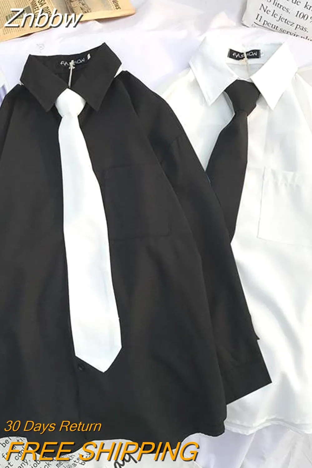 Znbbw 2023 Long Sleeve Loose Student Blouse Shirt Women White Black Turn Down Collar Autumn Casual Oversized Shirt Vintage Top