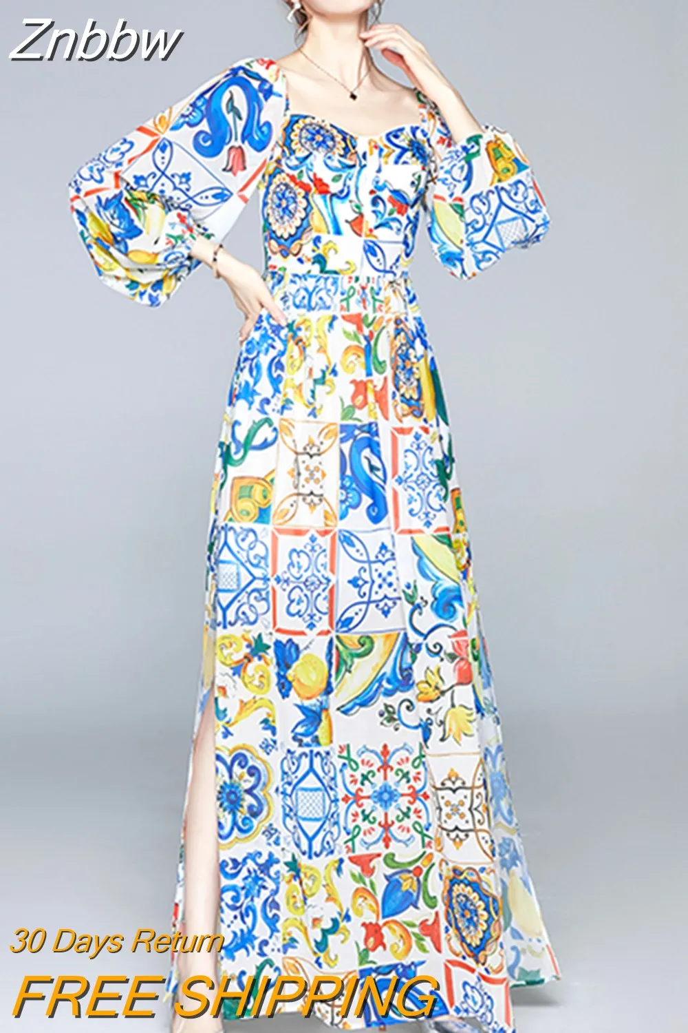 Znbbw Holiday Floral Long Dress Women Lantern Sleeve Off Shouler Strapless Blue and white porcelain printing Split Beach Dress