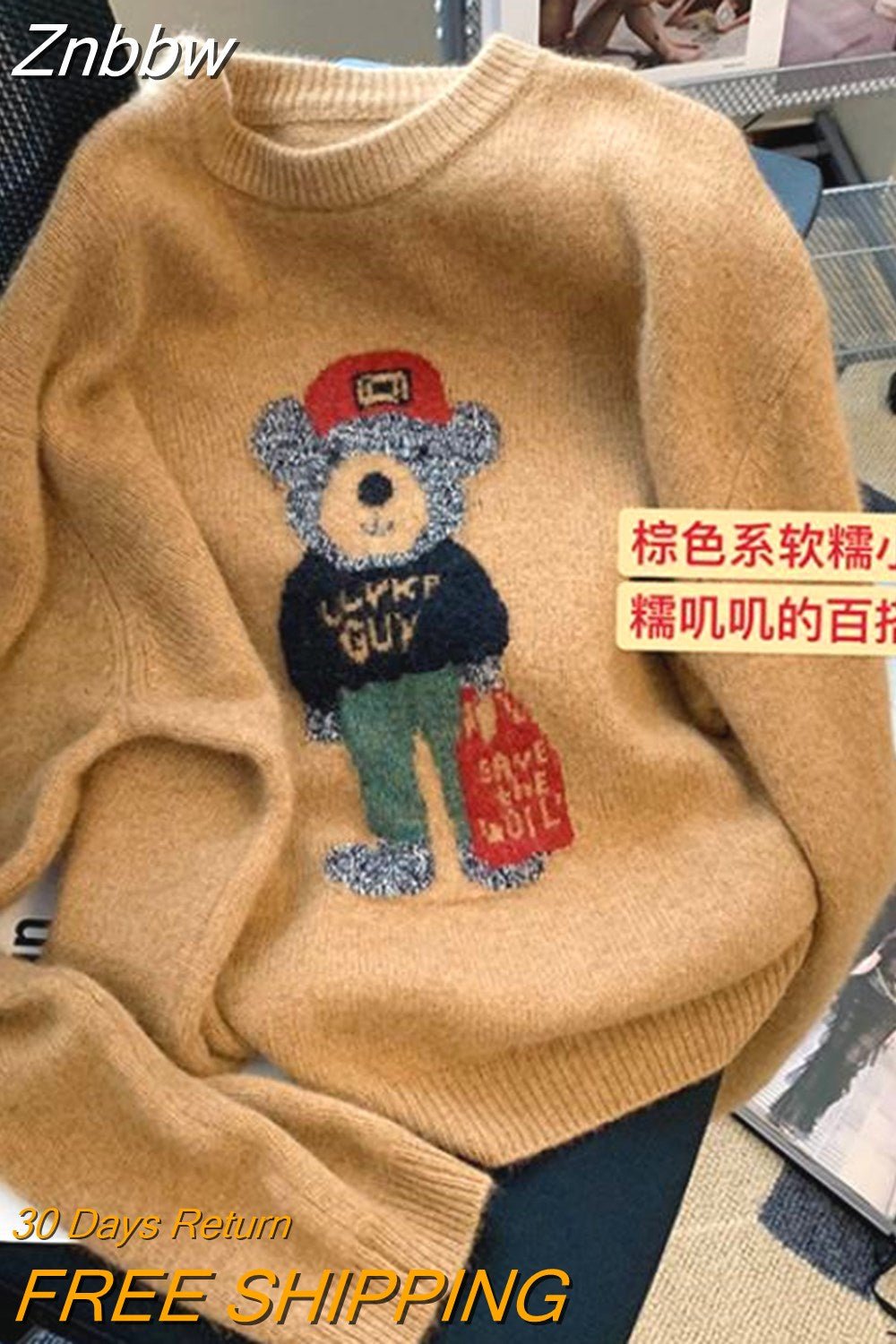 Znbbw Women Sweaters Autumn Winter Cartoon Bear O-neck Harajuku Patchwork Pullover Y2K Kawaii Long Sleeve knitted Soft Sweater Tops - Image 5