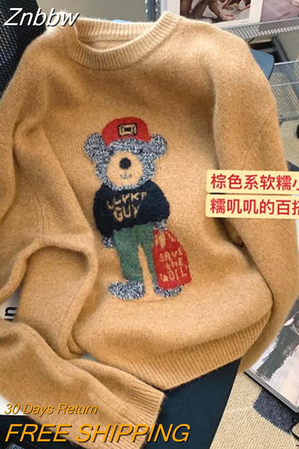 Znbbw Women Sweaters Autumn Winter Cartoon Bear O-neck Harajuku Patchwork Pullover Y2K Kawaii Long Sleeve knitted Soft Sweater Tops 0410 - Image 5