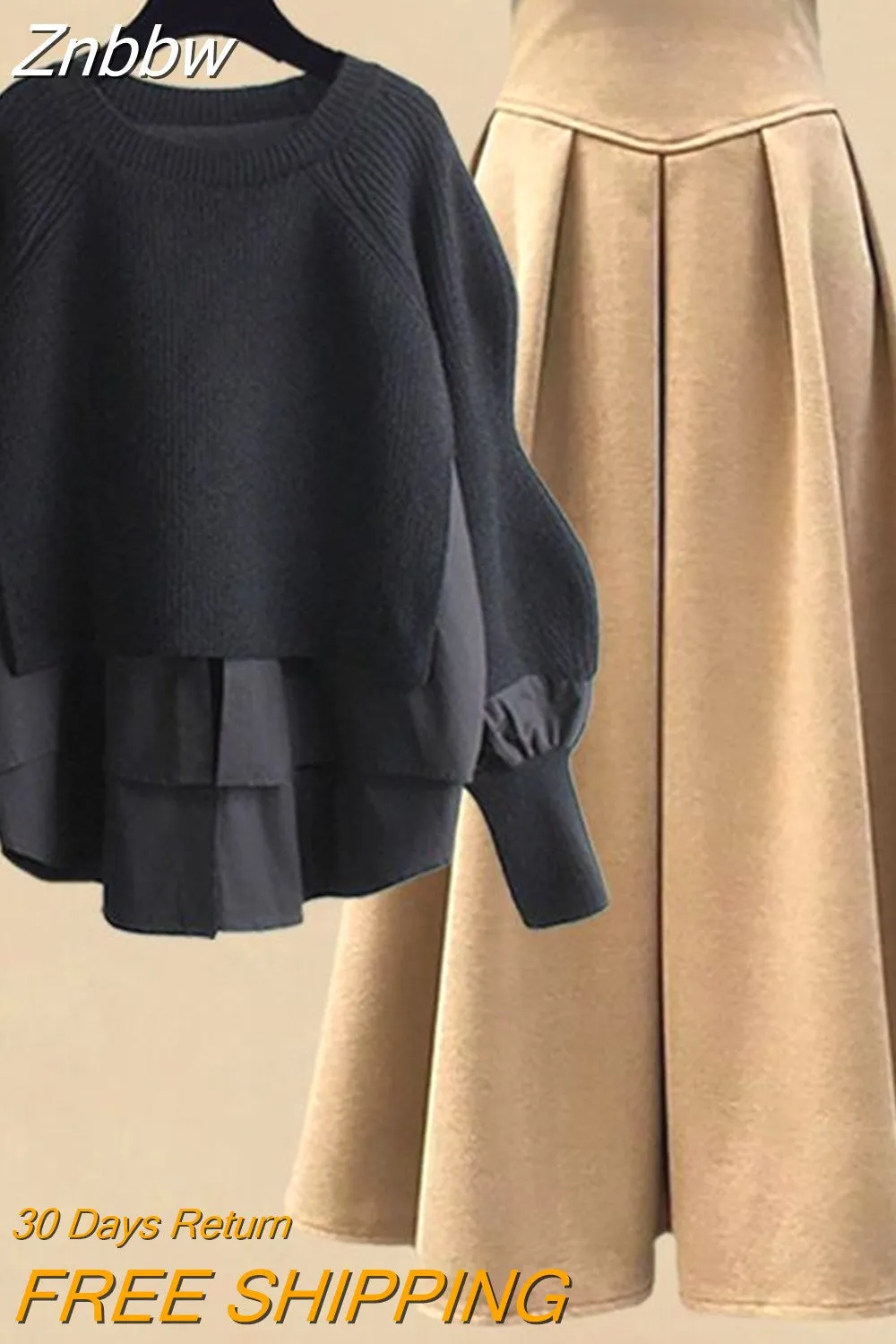 Znbbw Women Spring Autumn Two Pieces Sets Korean Long Sleeve Pullover Knitted Sweater And Pleated skirt Long Suit 0410 - Image 5