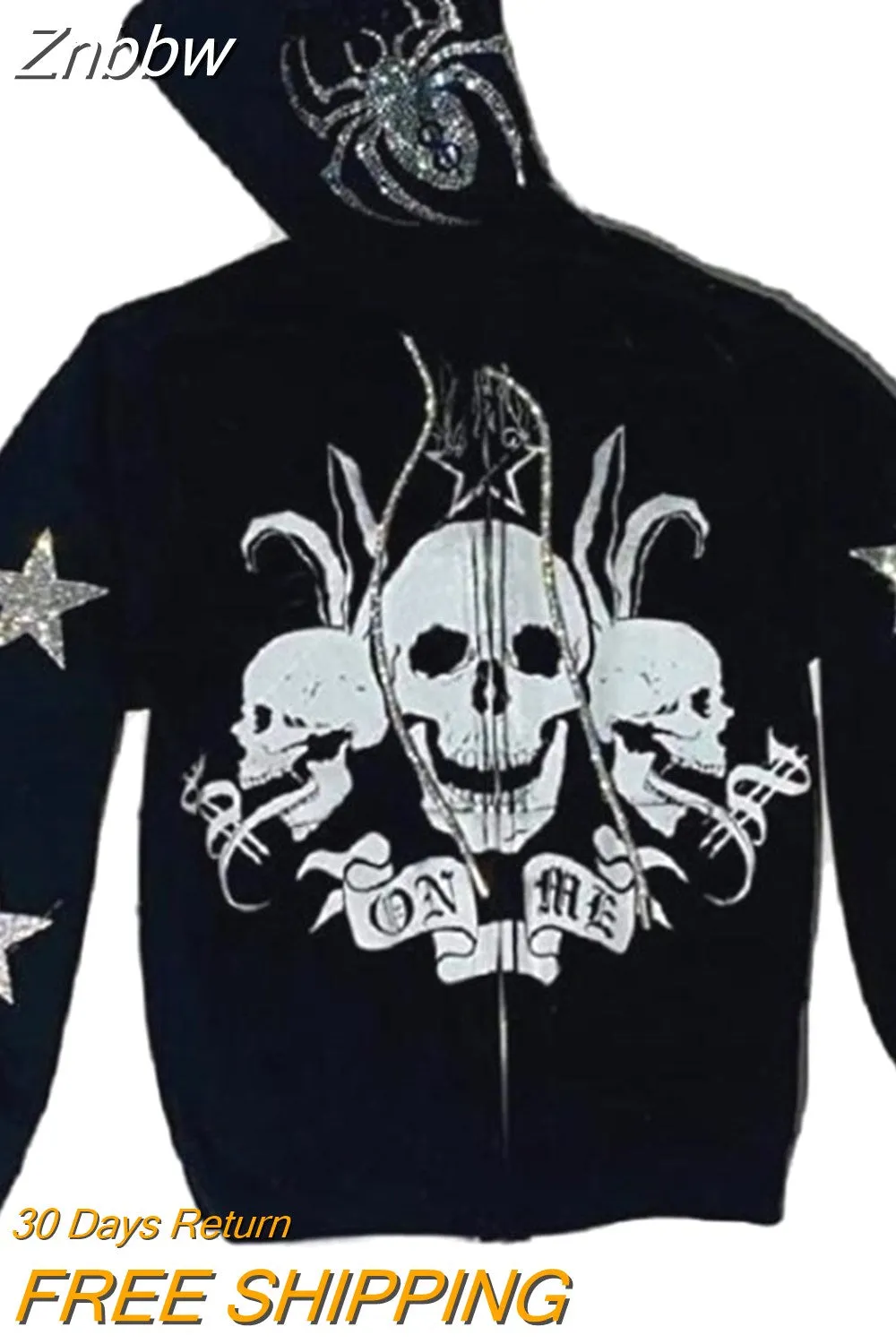 Znbbw Fashion Hot-selling Rhinestones Skeleton Print Black Y2k Gothic Long-sleeve Full Zip Hoodie Oversized Sweatshirt Jacket - Image 17