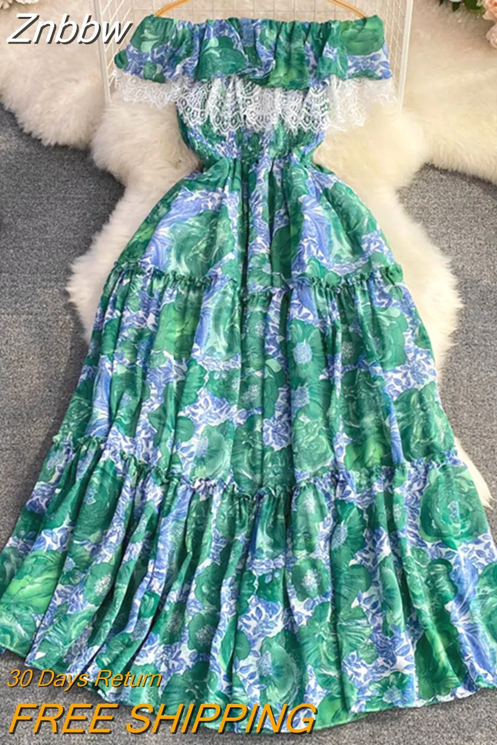 Znbbw Women Summer Dress Off Shoulder Open Shoulder Lotus Leaf Edge Close Waist Slim Print A-line  Big Hem Long Dress D2803 - Image 8