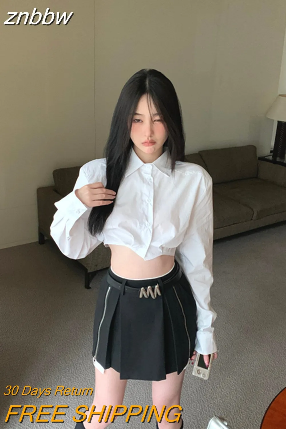 znbbw 2023 Summer Y2K Long Shirt Women White Crop Shirt Korea Style Sexy Button Up Asymmetrical Woman Blouse Female Clothing - Image 2