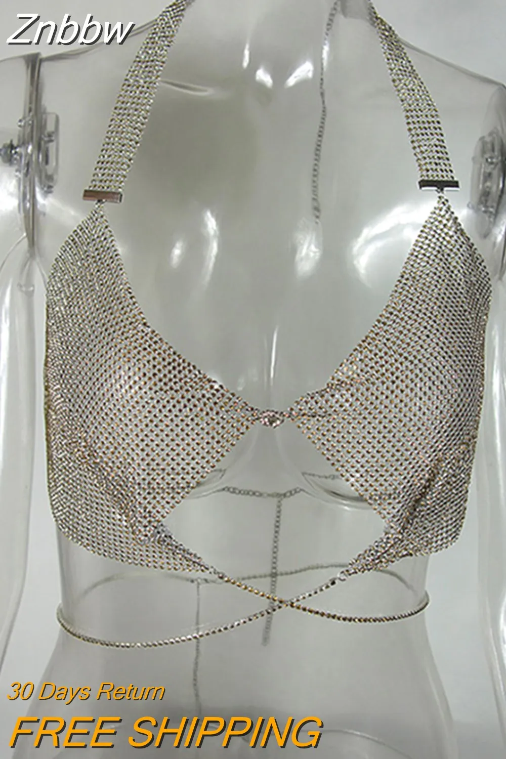 Znbbw 2023 Summer Crop Top Sexy Camisoles Women V-neck Crystal t-shirt Halter Tops Backless Bustier Metal Tank Top bts - Image 7