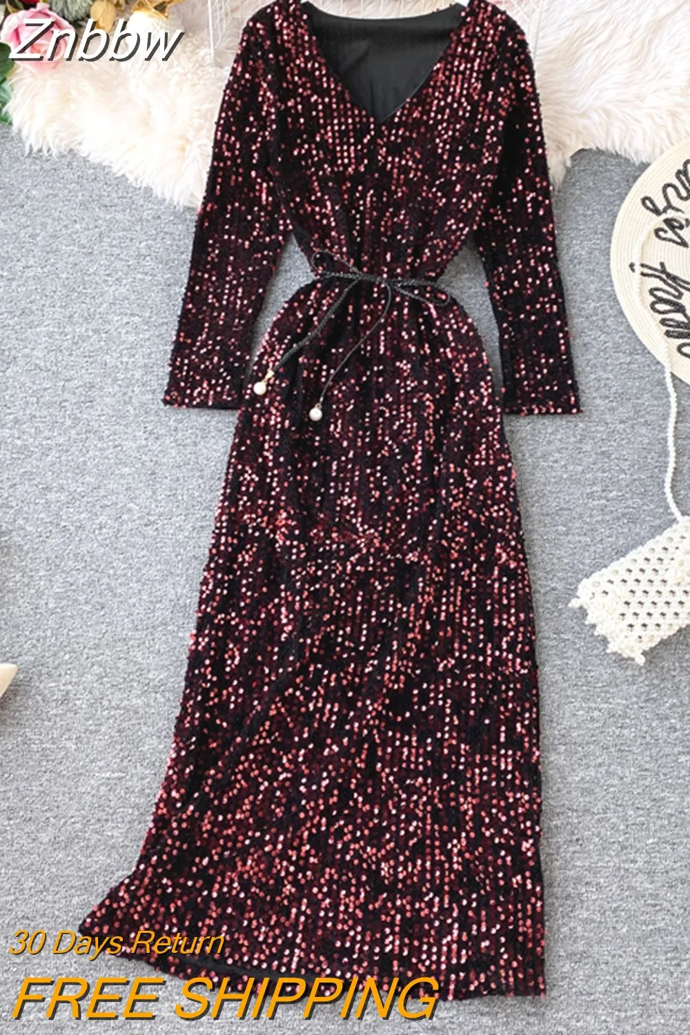 Znbbw Women's Party Dress Long-sleeved Dress New Sequin Temperament Banquet Host Elegant V-neck Waist Lacing Dress Sexy Dress Y454 - Image 9