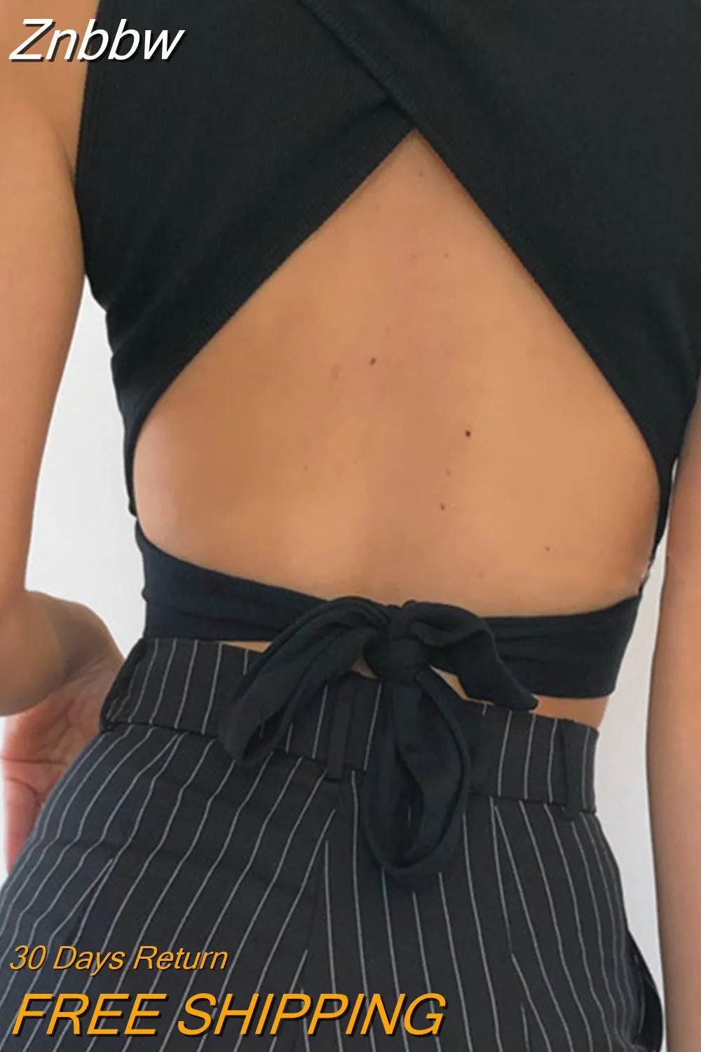 Znbbw backless women tank top bandage slim crop top summer 2023 casual streetwear tops solid cotton soft criss cross top