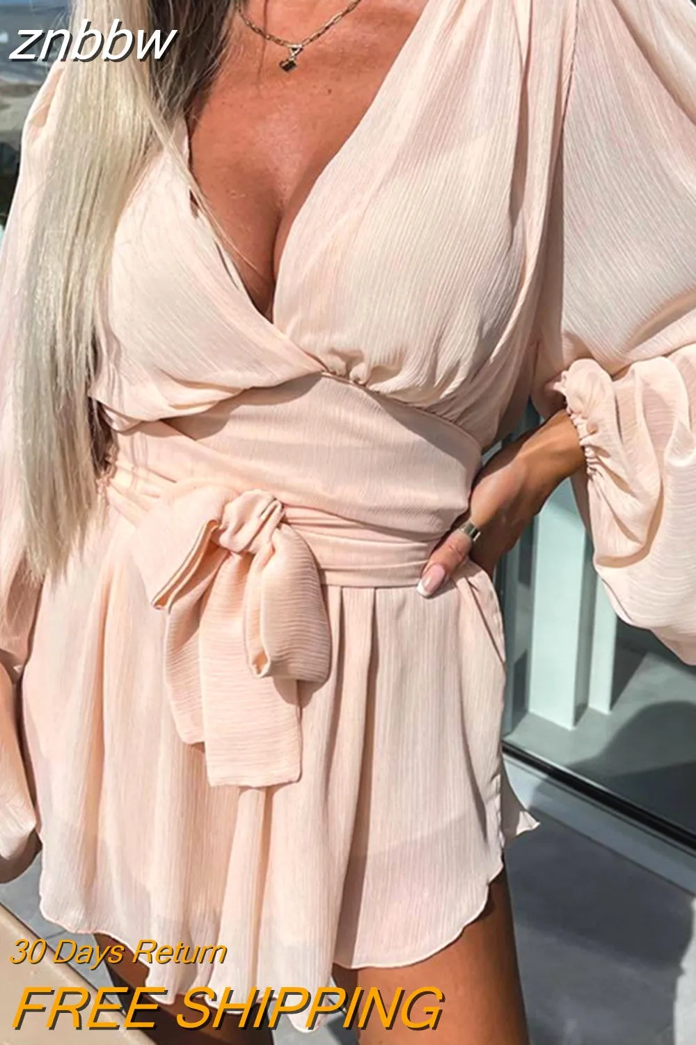 znbbw 2023 Summer Tie-Up Thin Beach Outfits Sexy Deep-V Long Sleeve Tops + Shorts Suit Women Elegant Solid Ruffle Two Piece Set - Image 6