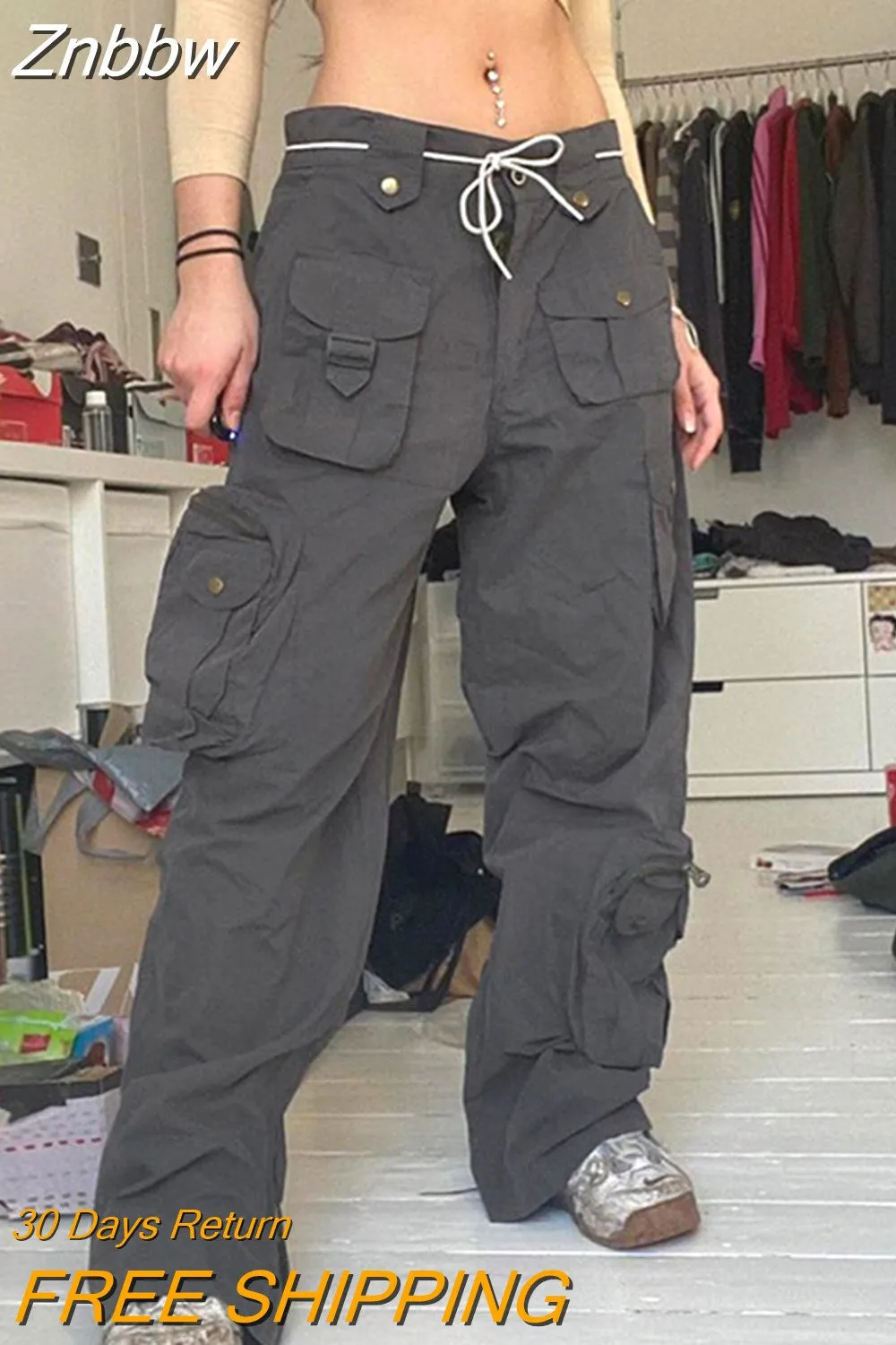 Znbbw Pants Y2K Women Loose Grey Vintage Punk Style Boyfriend Grey Low Waist Baggy Pants Harajuku 90s Grunge Casual Trousers