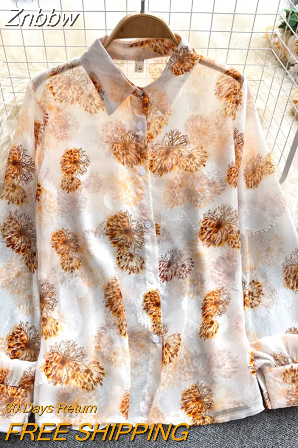 Znbbw Autumn Temperament Fashion Retro Chiffon Floral Blouses Print Loose Lapel Puff Sleeve Top Button Up Shirt Female GD611 - Image 6