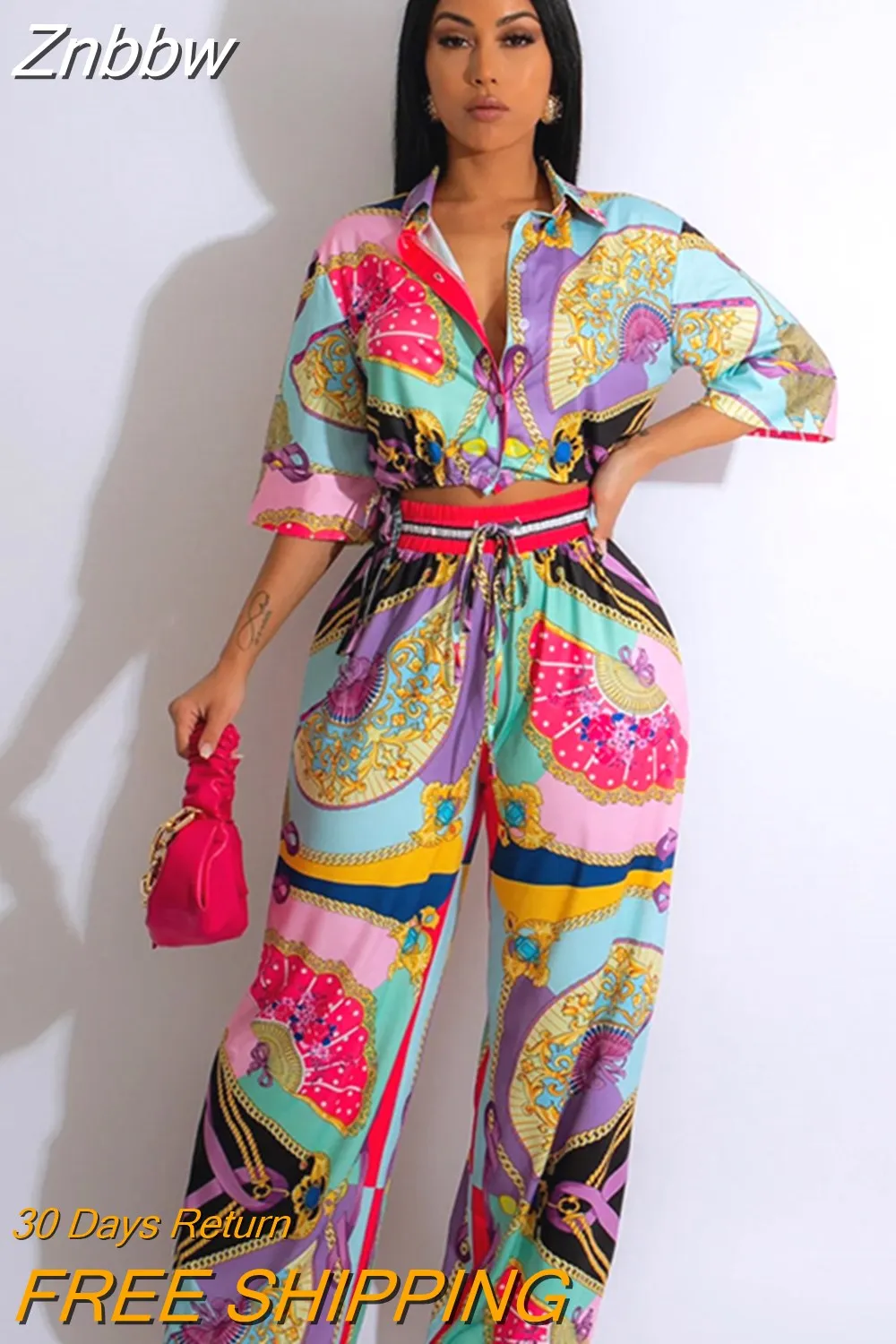 Znbbw Lace Up Print Shirt Set Women Chic Short Sleeve Crop Tops Waisted Wide Leg Pants Suits Casual Female Beach Holiday Outfits - Image 3