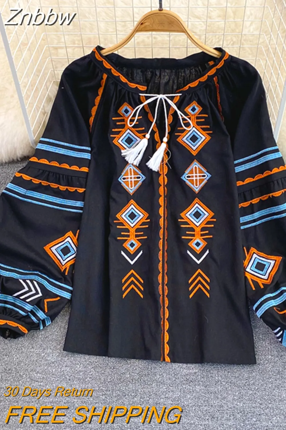 Znbbw Women Spring Autumn Blous Retro Loose Ethnic Style Embroidery Thin Lantern Sleeve Doll Top Female Pullover Shirt D3061 - Image 5