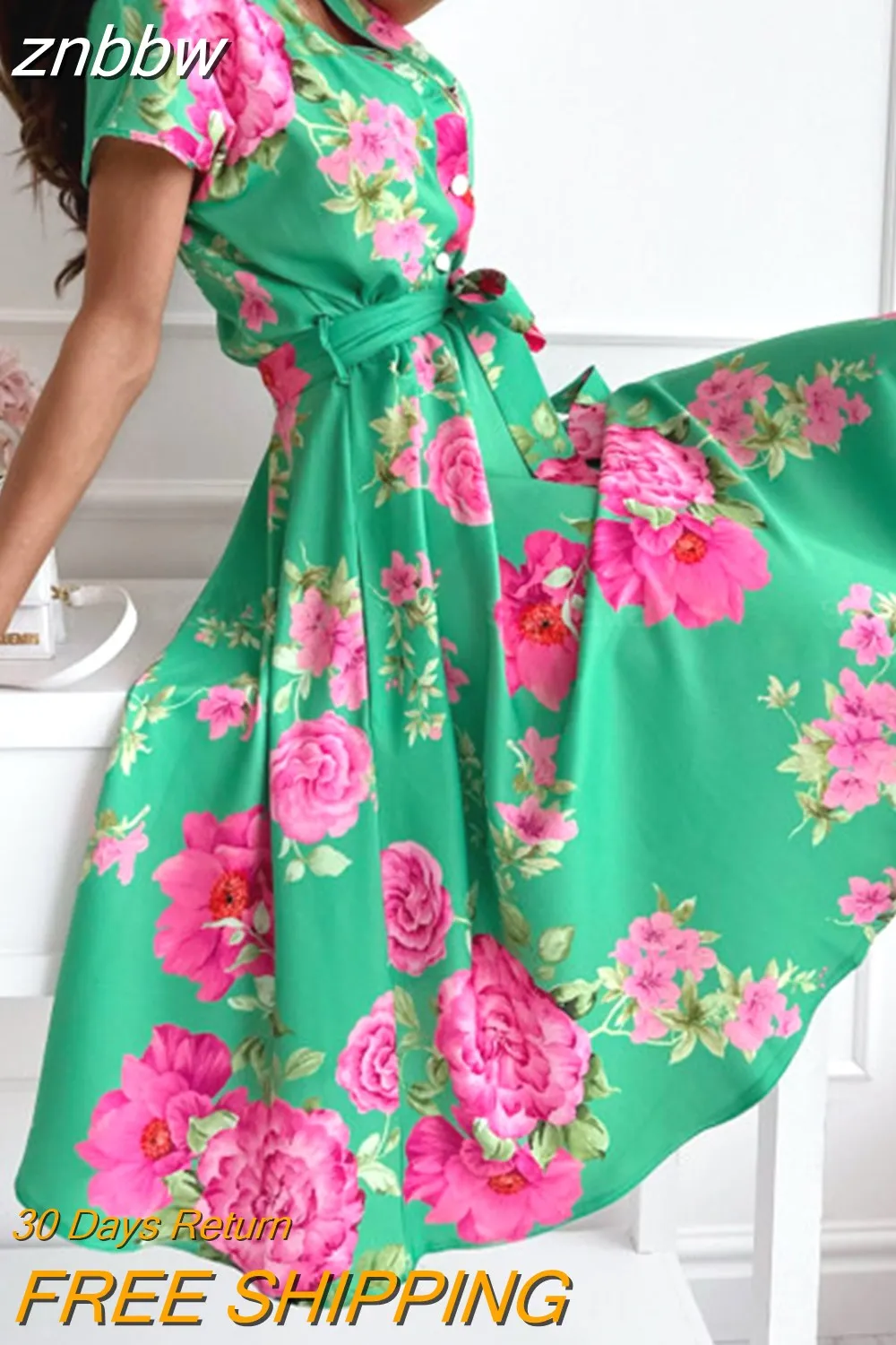 znbbw Women Single-Breasted Floral Print Dress Ladies Summer Commute V-Neck Short Sleeve Dress Elegant Slim Lace-Up Belt A-Line Dress - Image 3