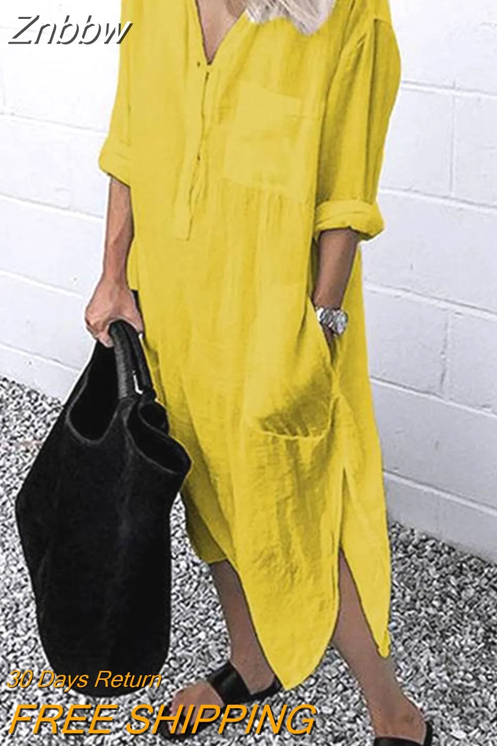 Znbbw Women Lapel Long Sleeve Shirt Dress Summer Solid Color Slit Pocket Button Shirt Female Casual Holiday Beach Party Loose Dresses - Image 7