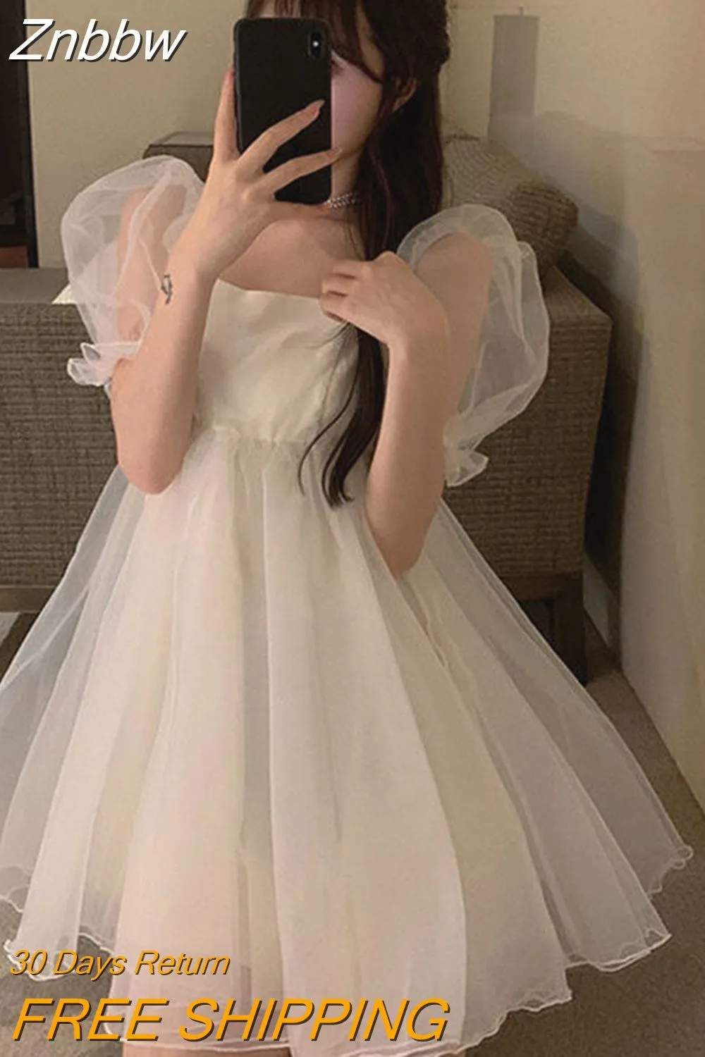 Znbbw Women Sexy Mesh Skirt Sweet Kawaii Japanese Fairy Party Elegant Dresses Summer Fashion Bubble Sleeve White Short Sleeve Dress - Image 2