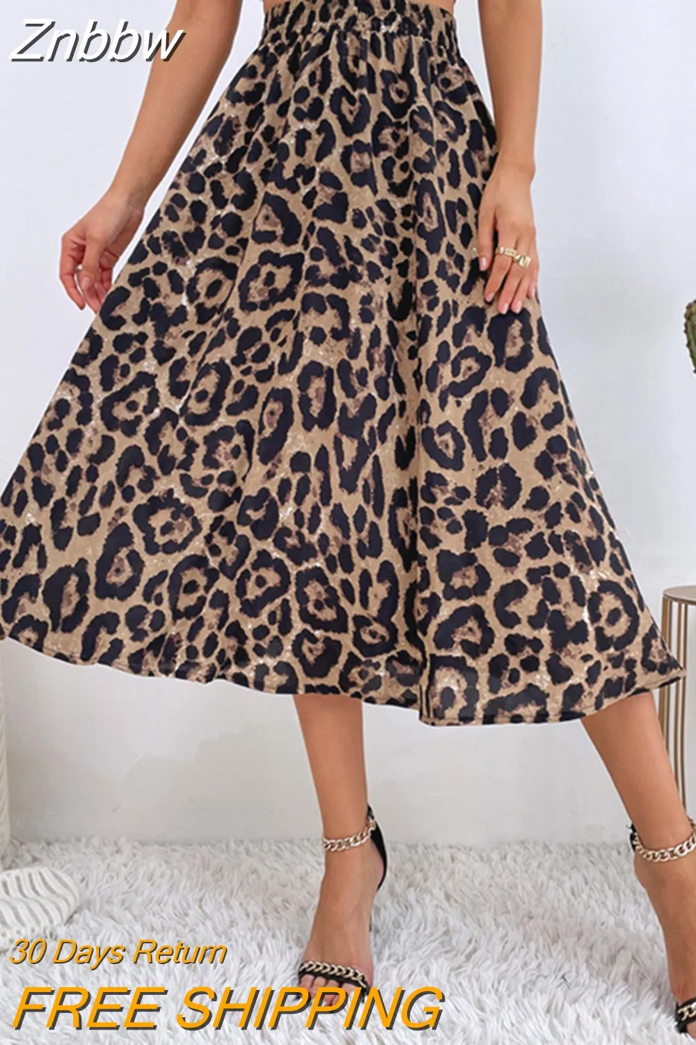 Znbbw Leopard Print High Waist Casual A Line Long Skirts Womens 2023 Fashion Summer Vacation Beach Midi Skirt
