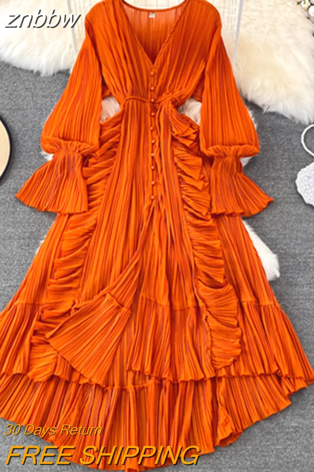 znbbw Autumn New Holiday Style Ankle Length Long Dresses Women Sexy V Neck Puff Sleeve Lace Elegant Evening Party Summer Dress - Image 3