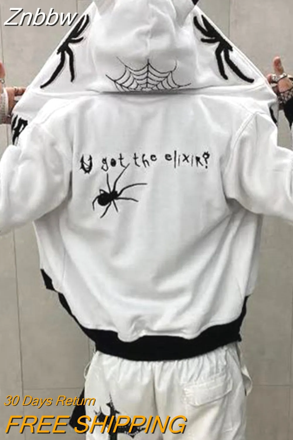Znbbw Hip Hop Men Sweatshirt Hoodie Full Back Spider Web Printed Streetwear Y2k Pullover Winter Fall Hoodie Casual Zip Jacket