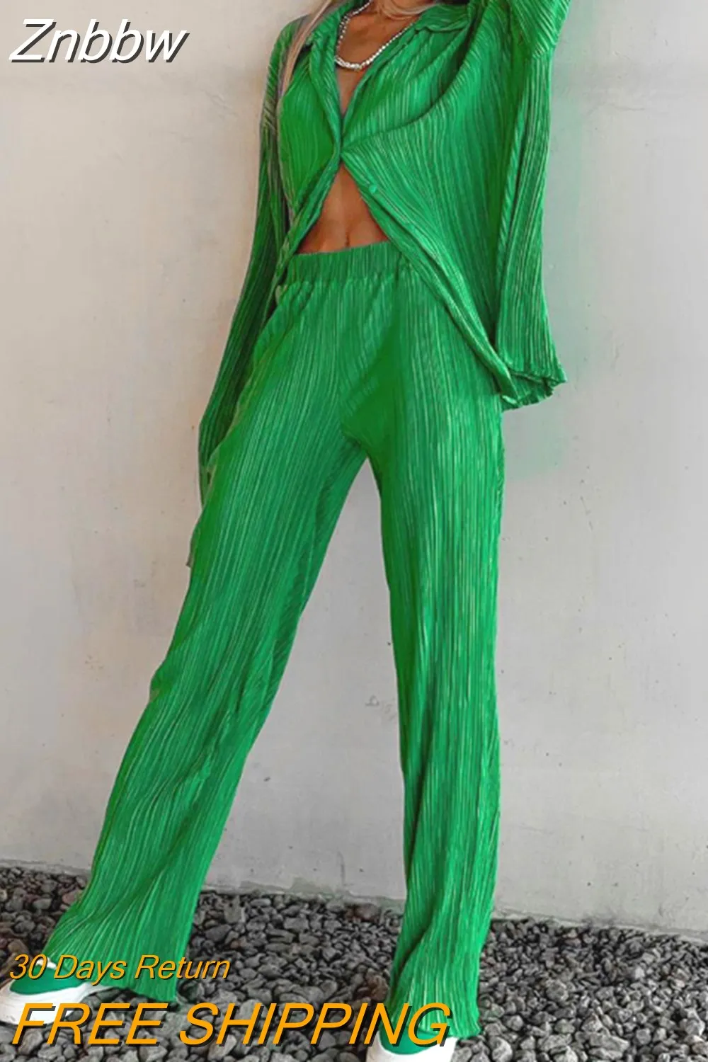 Znbbw Women Two Piece Set Loose Elegant Pleated Blouses and High Waist Wide Leg Trousers Casual Matching Sets Ladies Female Outfits - Image 5