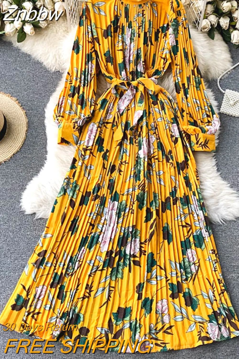 Znbbw Spring Autumn New Dress Temperament Turtleneck Waist Slim Long Sleeves Lace Up Wild Floral Maxi Vestidos Female UK016 - Image 9